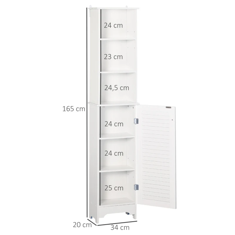HOMCOM Coluna Casa de Banho com 1 Porta 3 Prateleiras Abertas e Prateleira Interior Ajustável 34x20x165cm Branco