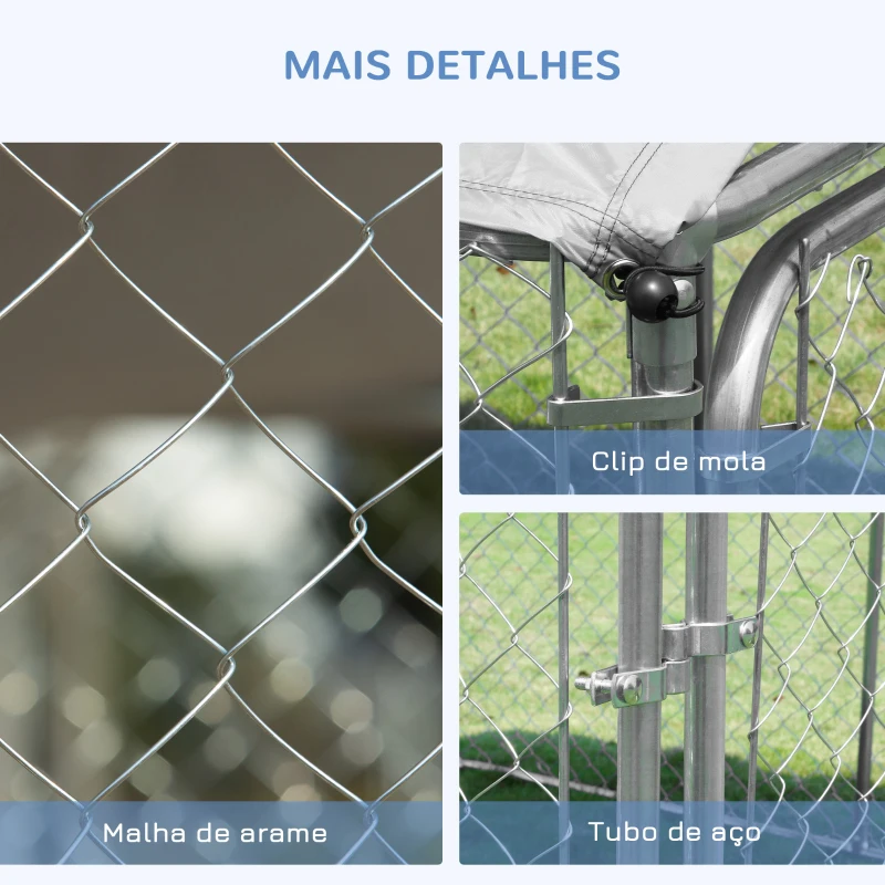 PawHut Canil de Exterior com Toldo Gaiola para Cães de Metal Galvanizado com Fechadura para Jardim Pátio 230x230x175cm Prata