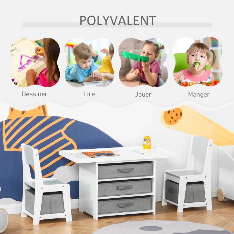 HOMCOM Ensemble table et chaises enfant - set de 3 pièces - table de jeux + 5 tiroirs non tissés - table étagère pour jouets 2 en 1 - plateau double face blanc ou circuit - 2 voitures incluses