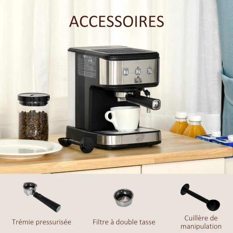 HOMCOM Machine à expresso - machine à café 850 W - 1 ou 2 tasses - pression 15 bars - réservoir d'eau 1,5 L - arrêt auto. - percolateur et buse vapeur - acier alu. brossé ABS noir