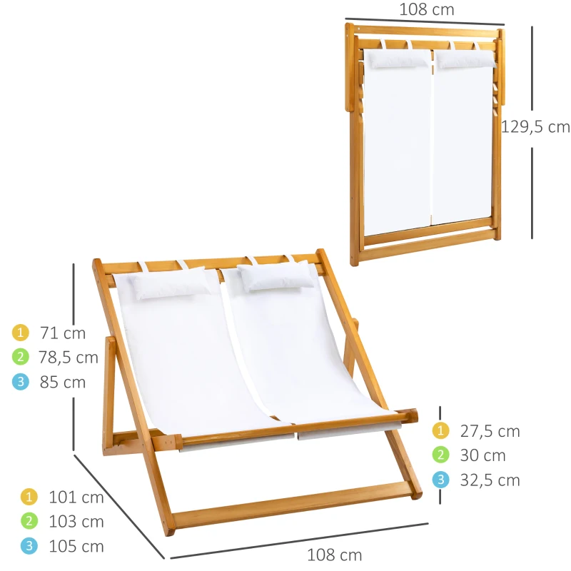 Outsunny Chilienne bois bain de soleil 2 places pliable chaise longue transat de jardin dossier réglable 3 positions 2 têtières rembourrées bois de peuplier tissu Oxford max. 200 Kg orange et crème
