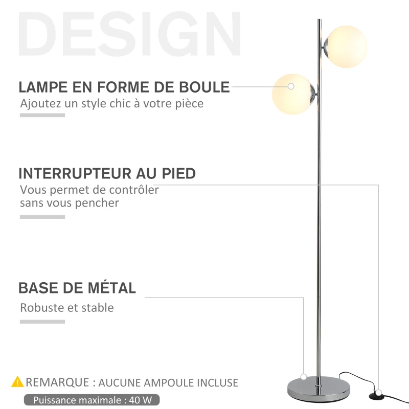 HOMCOM Lampadaire design néo-rétro 2 boules max. 40 W métal argenté
