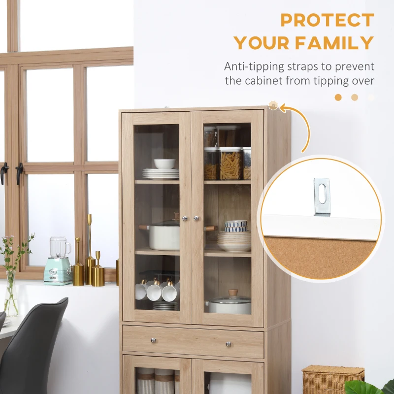 HOMCOM Credenza Moderna per Cucina in Legno con Ante in Vetro, Cassetto e Mensole Regolabili, 76x40x183cm