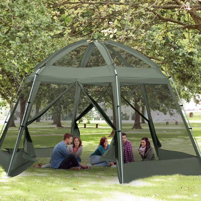Outsunny Tente de camping randonnée hexagonale pour 6 à 8 personnes avec sac de transport et piquets de sol - dim. 490L x 490L x 243H cm fibre verre polyester - vert foncé