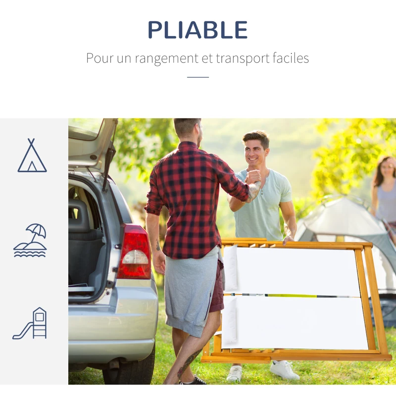 Outsunny Chilienne bois bain de soleil 2 places pliable chaise longue transat de jardin dossier réglable 3 positions 2 têtières rembourrées bois de peuplier tissu Oxford max. 200 Kg orange et crème