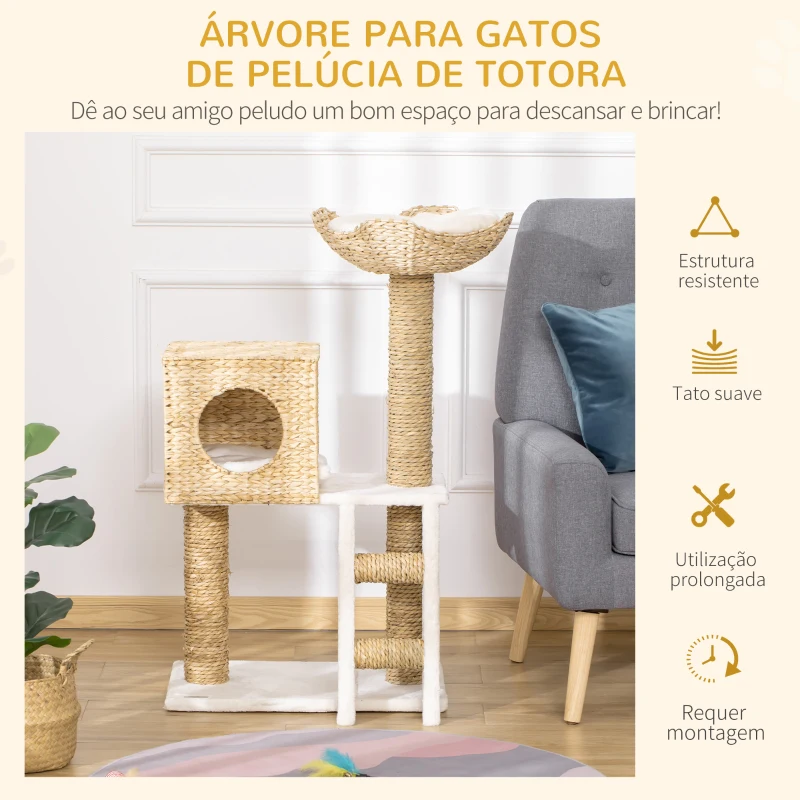 PawHut Arranhador para Gatos Arranhador para Gatos com Cama Superior Caverna 2 Almofadas 2 Postes Escada 57x37x100,5cm Bege
