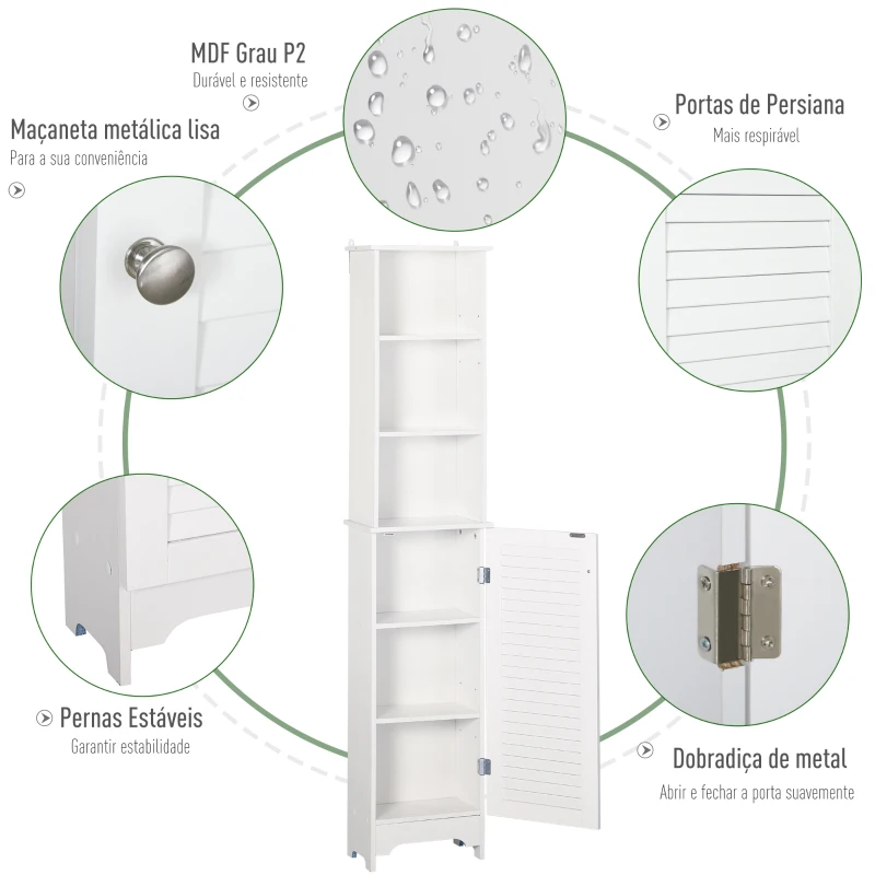 HOMCOM Coluna Casa de Banho com 1 Porta 3 Prateleiras Abertas e Prateleira Interior Ajustável 34x20x165cm Branco