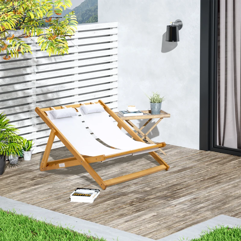Outsunny Chilienne bois bain de soleil 2 places pliable chaise longue transat de jardin dossier réglable 3 positions 2 têtières rembourrées bois de peuplier tissu Oxford max. 200 Kg orange et crème