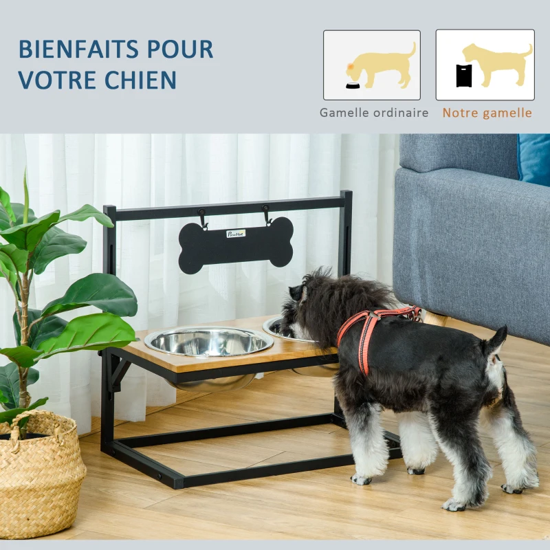 PawHut Gamelles chiens surélevées porte-gamelles chat surélevé 2 bols en acier inoxydable 4000 ml amovibles hauteur réglable jusqu'à 44 cm en bois dim. 58L x 32l x 50H cm noir chêne