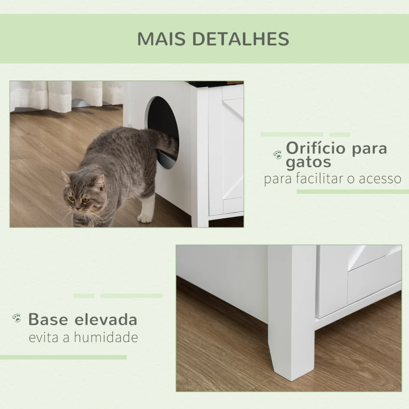 PawHut Casa para Gatos de Madeira Móvel Caixa de Areia para Gatos 2 em 1 com Porta Deslizante e Prateleira Interior 109x51x52cm Branco