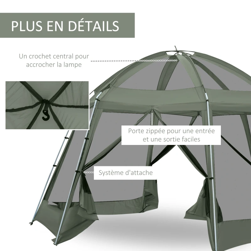 Outsunny Tente de camping randonnée hexagonale pour 6 à 8 personnes avec sac de transport et piquets de sol - dim. 490L x 490L x 243H cm fibre verre polyester - vert foncé