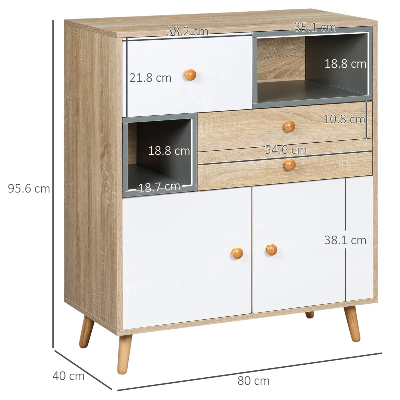 HOMCOM Modern Sideboard Storage Cabinet, Free Standing Accent Cupboard with 3 Drawers for Bedroom, Living Room, Hallway, Natural, White, Grey