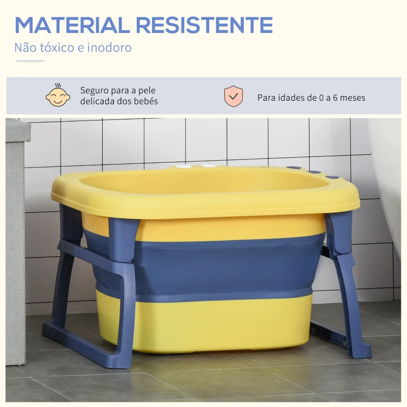 HOMCOM Banheira Dobrável para Bebé de 0-6 Anos Capacidade 105L Banheira Portátil para Crianças 75,3x55,4x43cm Amarelo e Azul