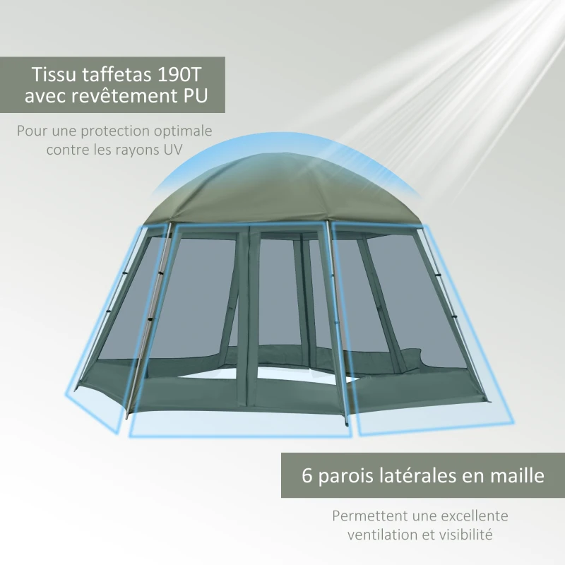 Outsunny Tente de camping randonnée hexagonale pour 6 à 8 personnes avec sac de transport et piquets de sol - dim. 490L x 490L x 243H cm fibre verre polyester - vert foncé