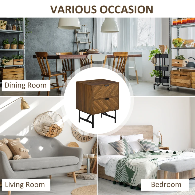HOMCOM Bedside Table with Two Drawers, Side Cabinet Storage Unit with Metal Handles, Organisation Furniture for Living Room, Bedroom, Walnut Brown