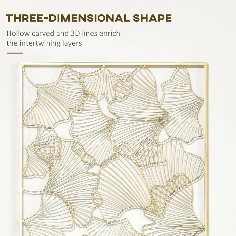 HOMCOM Decorazione Murale 3D Rettangolare in Metallo, Wall Art Dorata con Cornice e Foglie di Ginkgo, 50x85cm