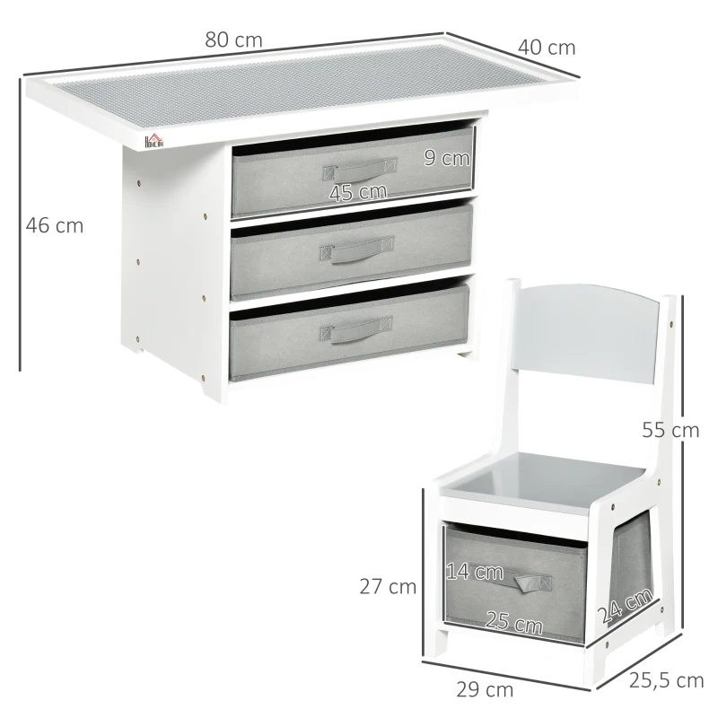 HOMCOM Ensemble table et chaises enfant - set de 3 pièces - table de jeux + 5 tiroirs non tissés - table étagère pour jouets 2 en 1 - plateau double face blanc ou circuit - 2 voitures incluses