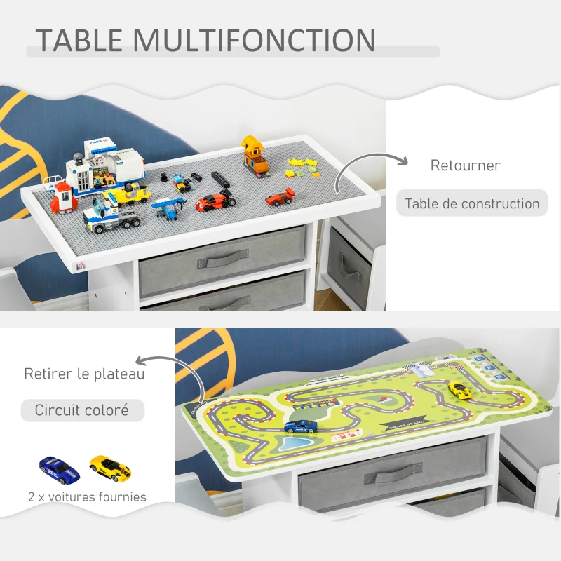HOMCOM Ensemble table et chaises enfant - set de 3 pièces - table de jeux + 5 tiroirs non tissés - table étagère pour jouets 2 en 1 - plateau double face blanc ou circuit - 2 voitures incluses