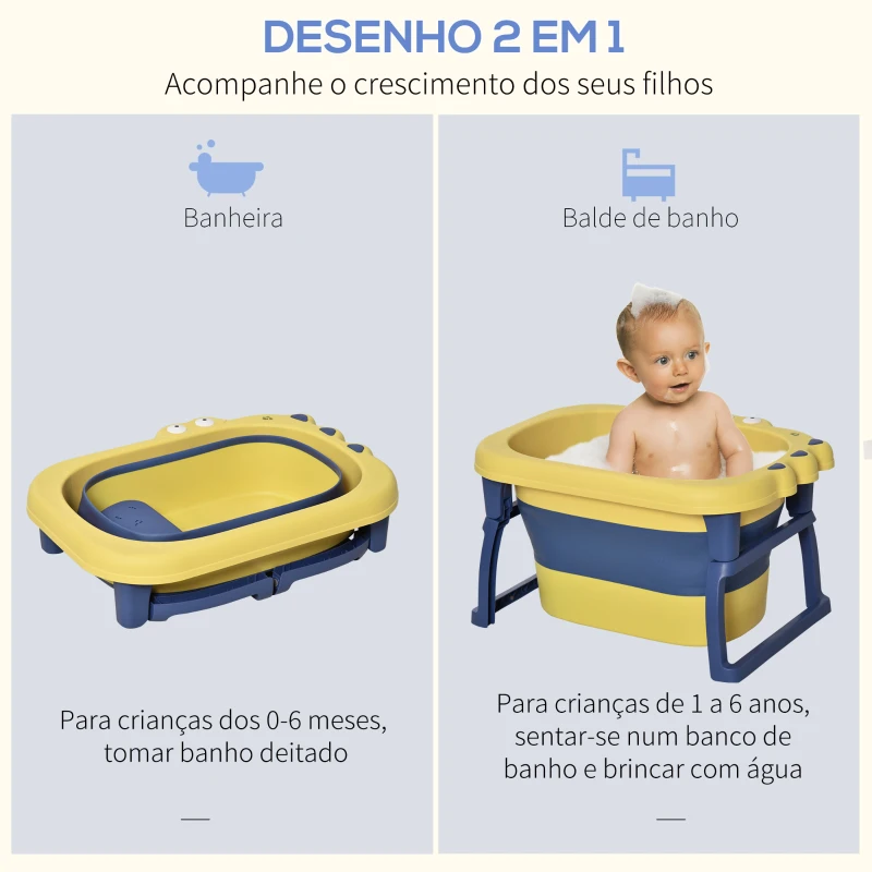 HOMCOM Banheira Dobrável para Bebé de 0-6 Anos Capacidade 105L Banheira Portátil para Crianças 75,3x55,4x43cm Amarelo e Azul