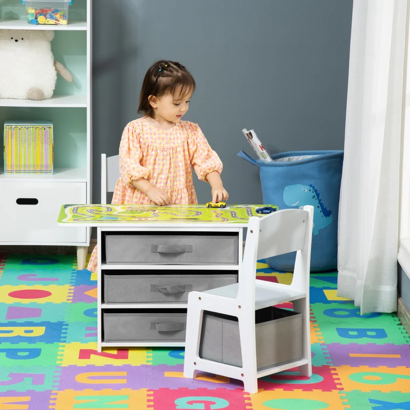 HOMCOM Ensemble table et chaises enfant - set de 3 pièces - table de jeux + 5 tiroirs non tissés - table étagère pour jouets 2 en 1 - plateau double face blanc ou circuit - 2 voitures incluses