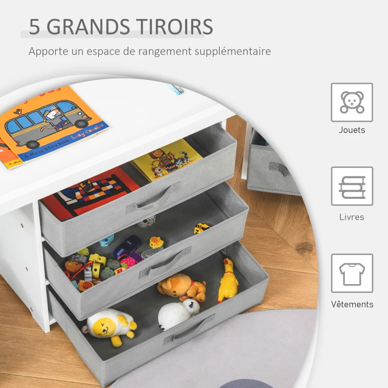 HOMCOM Ensemble table et chaises enfant - set de 3 pièces - table de jeux + 5 tiroirs non tissés - table étagère pour jouets 2 en 1 - plateau double face blanc ou circuit - 2 voitures incluses