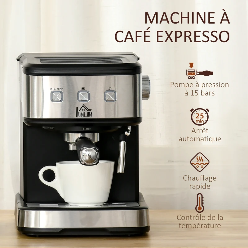 HOMCOM Machine à expresso - machine à café 850 W - 1 ou 2 tasses - pression 15 bars - réservoir d'eau 1,5 L - arrêt auto. - percolateur et buse vapeur - acier alu. brossé ABS noir