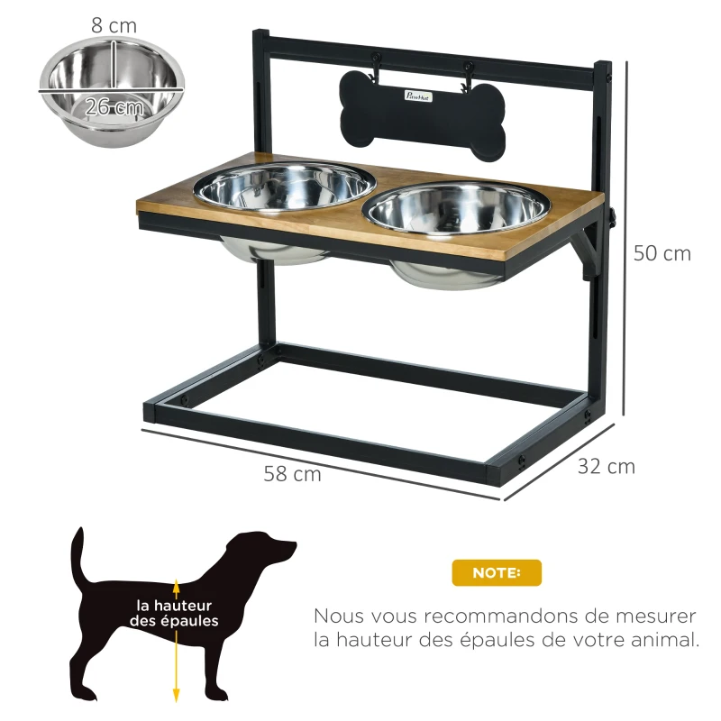 PawHut Gamelles chiens surélevées porte-gamelles chat surélevé 2 bols en acier inoxydable 4000 ml amovibles hauteur réglable jusqu'à 44 cm en bois dim. 58L x 32l x 50H cm noir chêne