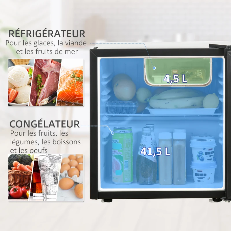 HOMCOM Mini réfrigérateur frigo compact de 46 L avec congélateur 4,5L température réglable 0 à 10°c, étagères amovibles et porte réversible 44,5 x 46,5 x 49,8 cm noir