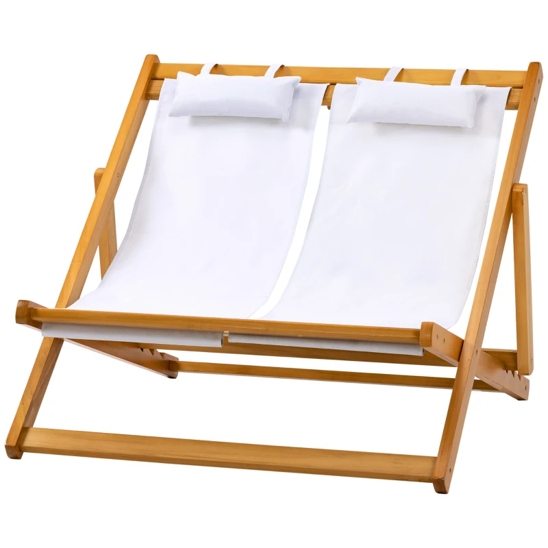 Outsunny Chilienne bois bain de soleil 2 places pliable chaise longue transat de jardin dossier réglable 3 positions 2 têtières rembourrées bois de peuplier tissu Oxford max. 200 Kg orange et crème