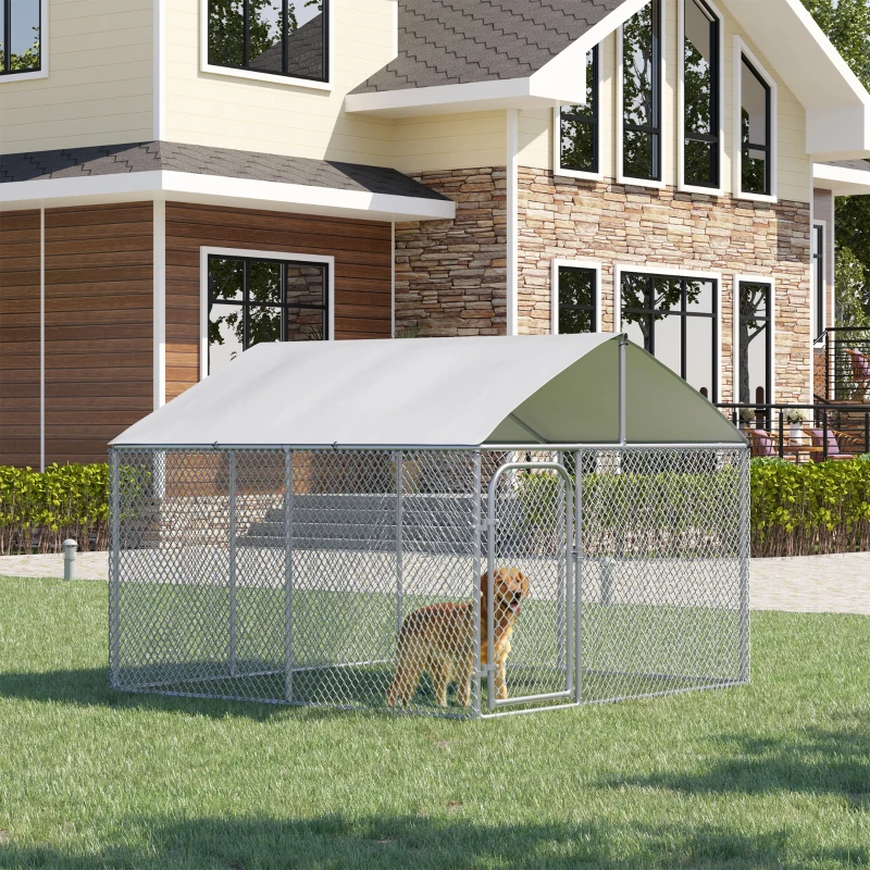 PawHut Canil de Exterior com Toldo Gaiola para Cães de Metal Galvanizado com Fechadura para Jardim Pátio 230x230x175cm Prata