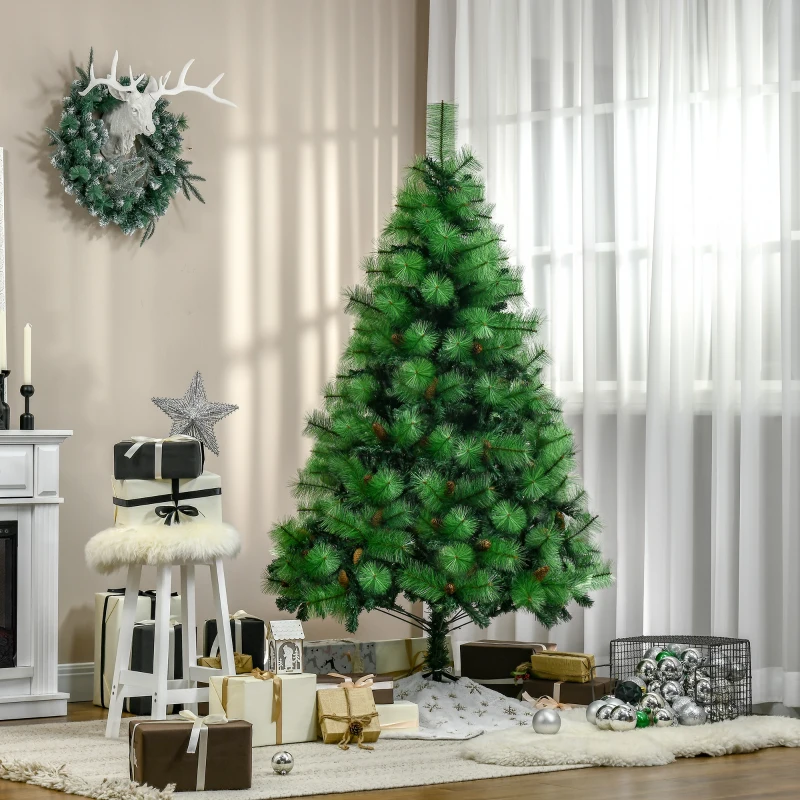 HOMCOM Árvore de Natal Artificial 180cm com 782 Ramos 56 Pinhas Folhas de PVC Base Dobrável e Suporte Metálico Verde