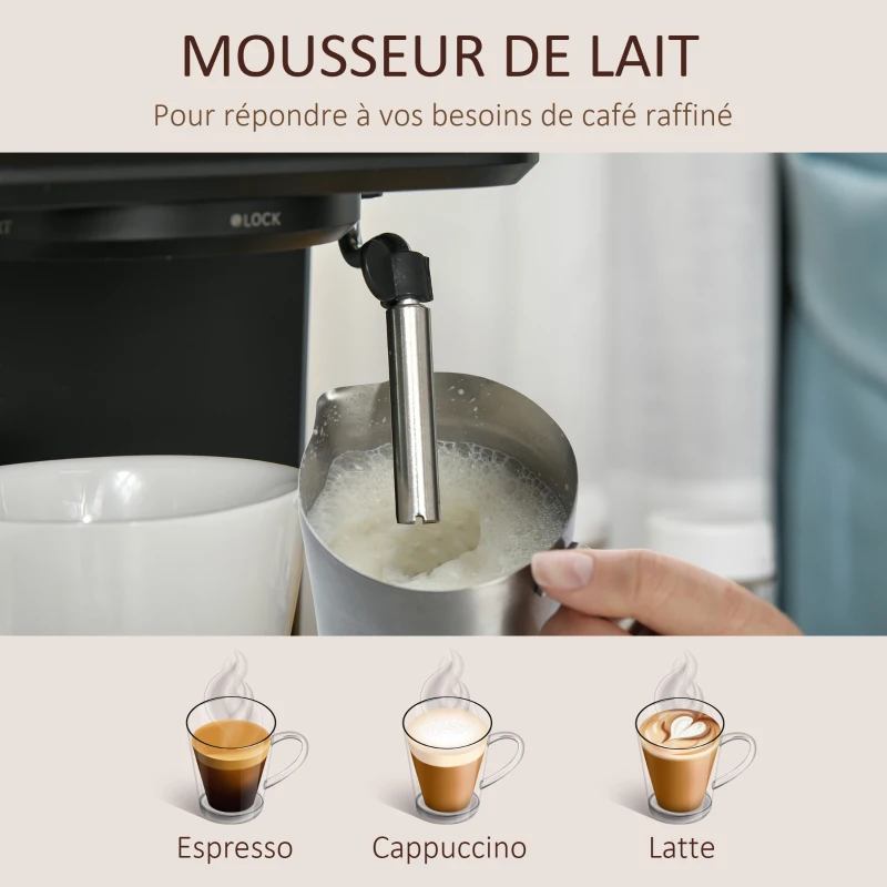 HOMCOM Machine à expresso - machine à café 850 W - 1 ou 2 tasses - pression 15 bars - réservoir d'eau 1,5 L - arrêt auto. - percolateur et buse vapeur - acier alu. brossé ABS noir