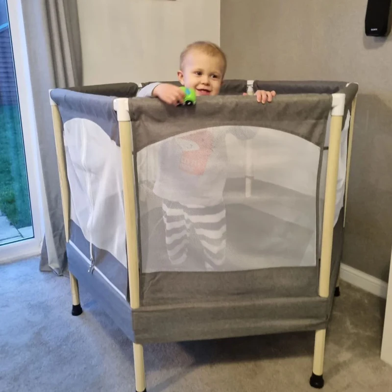 HOMCOM Trampolino Elastico Salvaspazio per Bambini 3-12 Anni (Max. 80kg) con Rete di Protezione, Grigio, 126x109x98cm