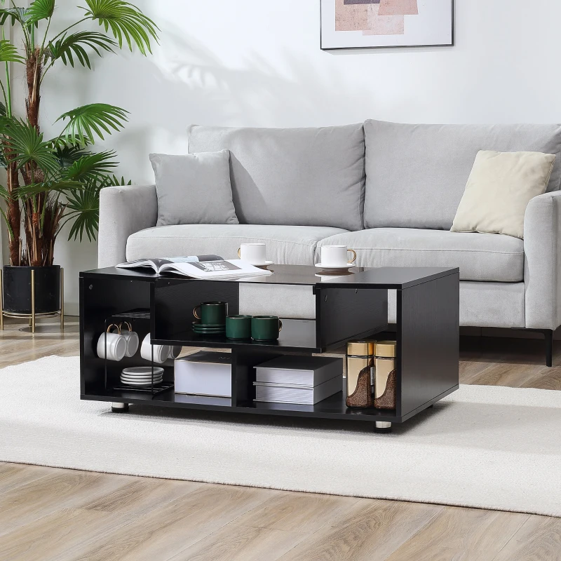 HOMCOM Modern Coffee Table with Tempered Glass Top, Cocktail Table with 3-Tier Storage Shelves for Living Room, Black