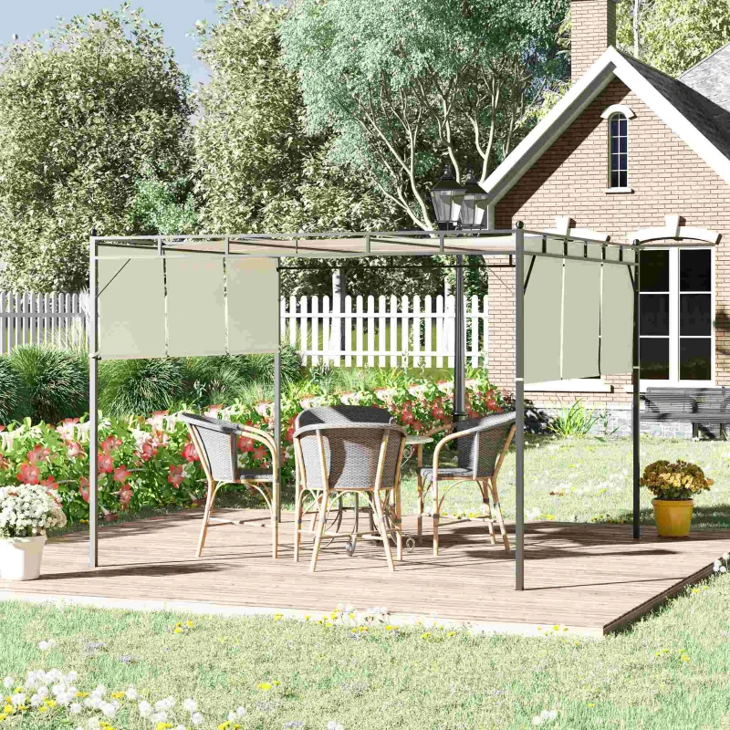Outsunny Pérgola 3x3 m Cenador de Jardín con Techo Retráctil Tela de Poliéster y Tubo de Acero para Patio Terraza Exterior Blanco