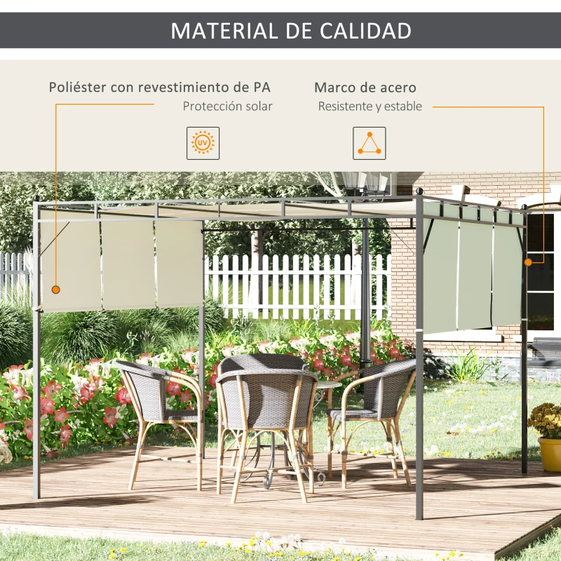 Outsunny Pérgola 3x3 m Cenador de Jardín con Techo Retráctil Tela de Poliéster y Tubo de Acero para Patio Terraza Exterior Blanco