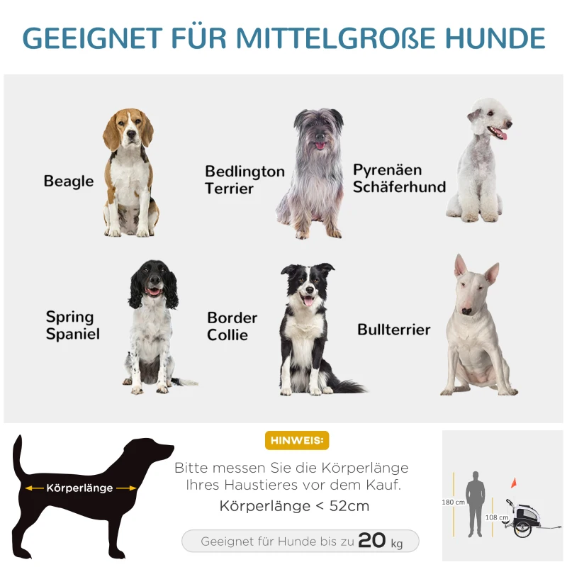 PawHut Hundeanhänger Hundebuggy mit Jogger-Funktion bis 20kg Universalkupplung Stahl Weiß+Schwarz
