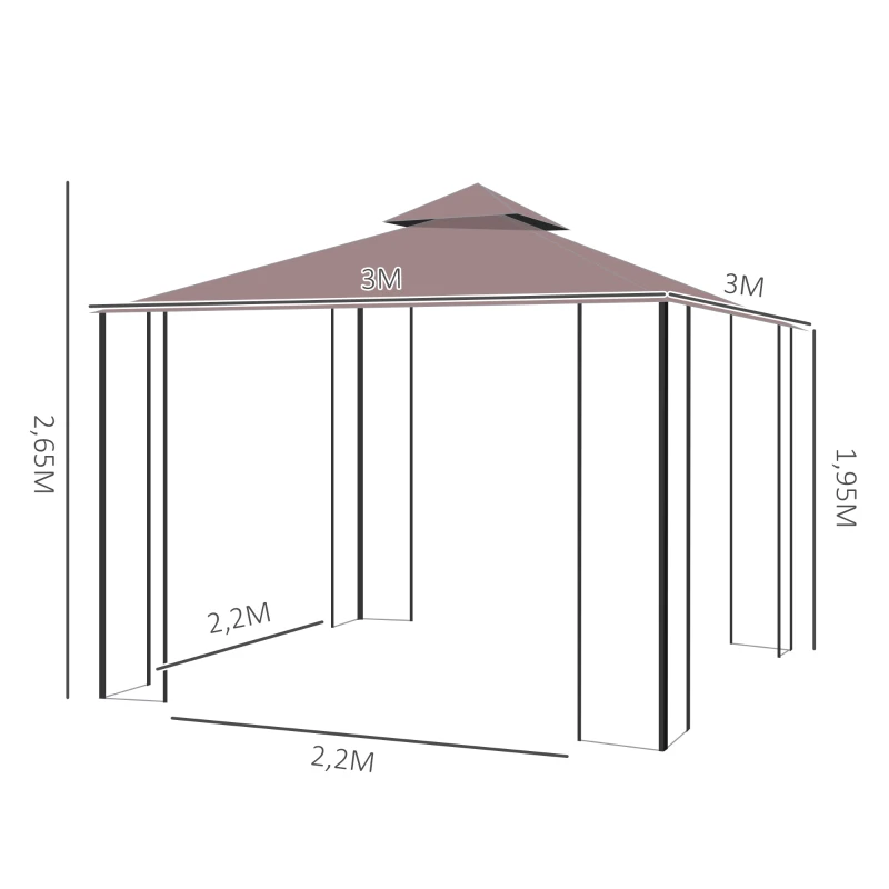 Outsunny Partytent in de tuin partytent paviljoen tuintent feesttent dubbel dak 3 x 3 m bruin