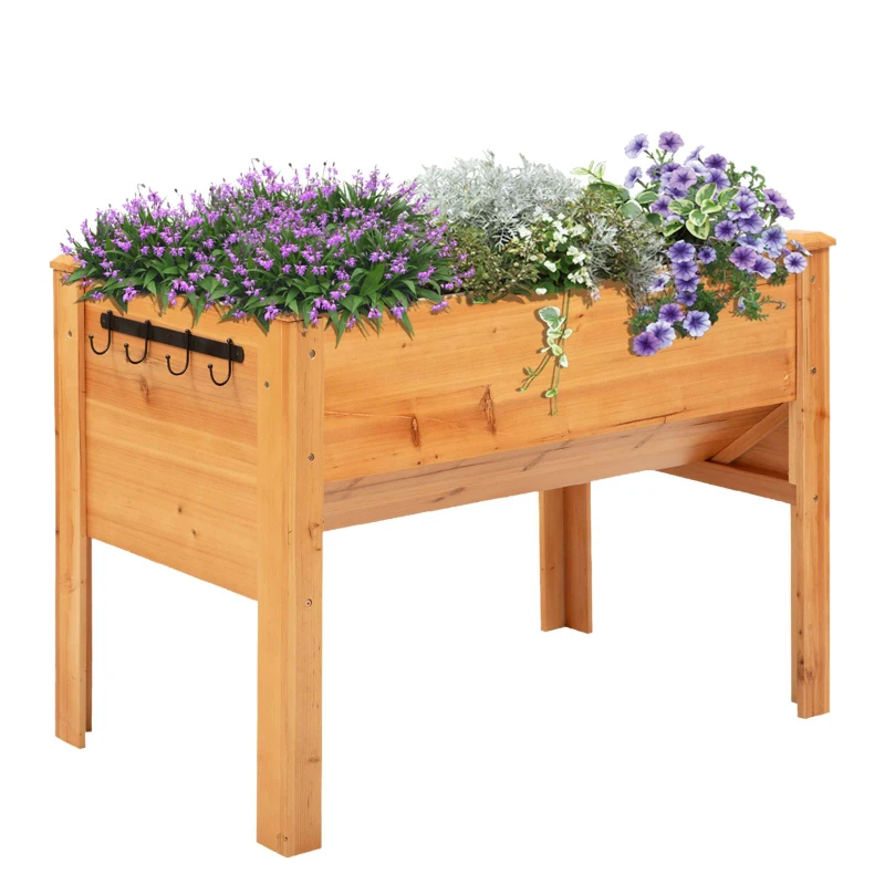 Outsunny Hochbeet aus Holz Kräuterbeet Pflanzkasten mit Abflussloch Haken Blumenkasten mit Füßen Massivholz Natur 120 x 60 x 81 cm