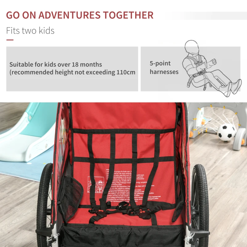 HOMCOM Child Bike Trailer 3 In1 Foldable Jogger Stroller 2-Seater Baby Stroller Transport Carrier with Shock Absorber System Adjustable Handlebar Storage Bag Red