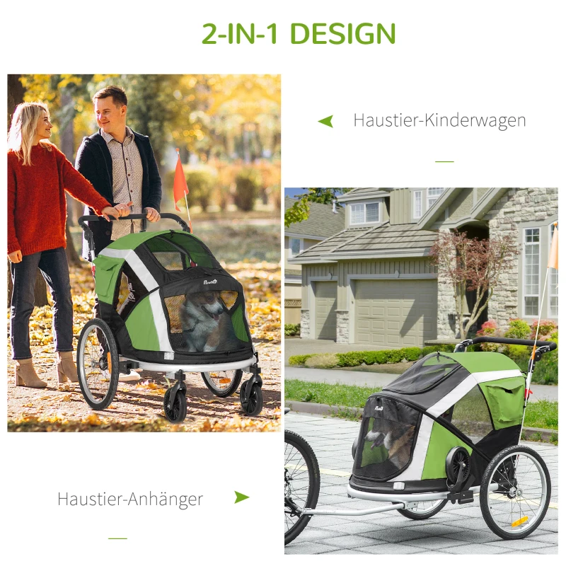 Pawhut 2-in-1 hondenaanhanger voor huisdieren opvouwbaar Oxford-stof groen