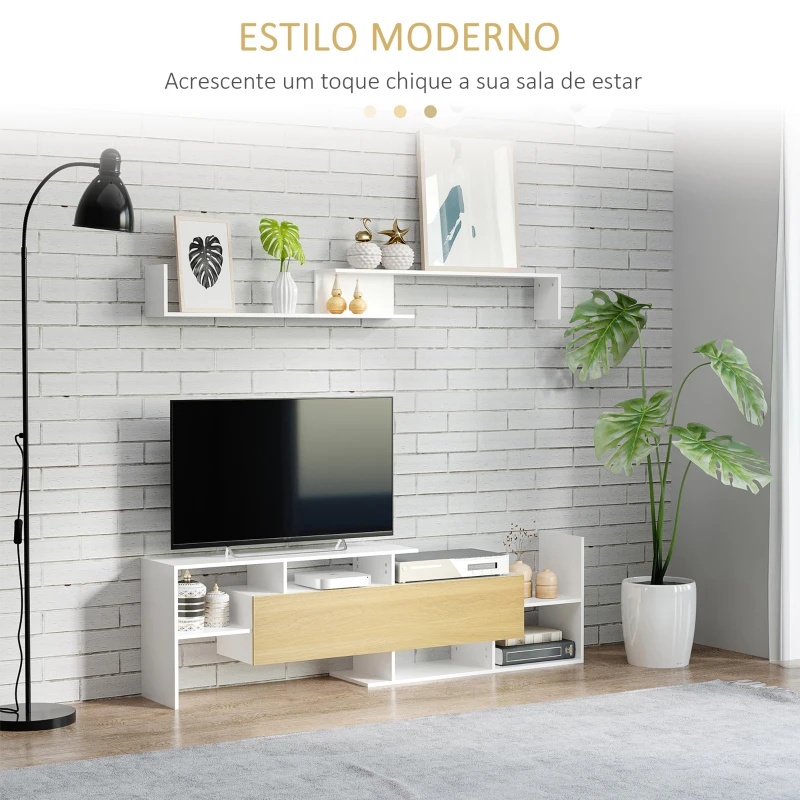 HOMCOM Móvel de TV Moderno Móvel para Televisores 153,6x25x42cm e Prateleira de Parede 150x14,5x16,3cm Branco e Madeira
