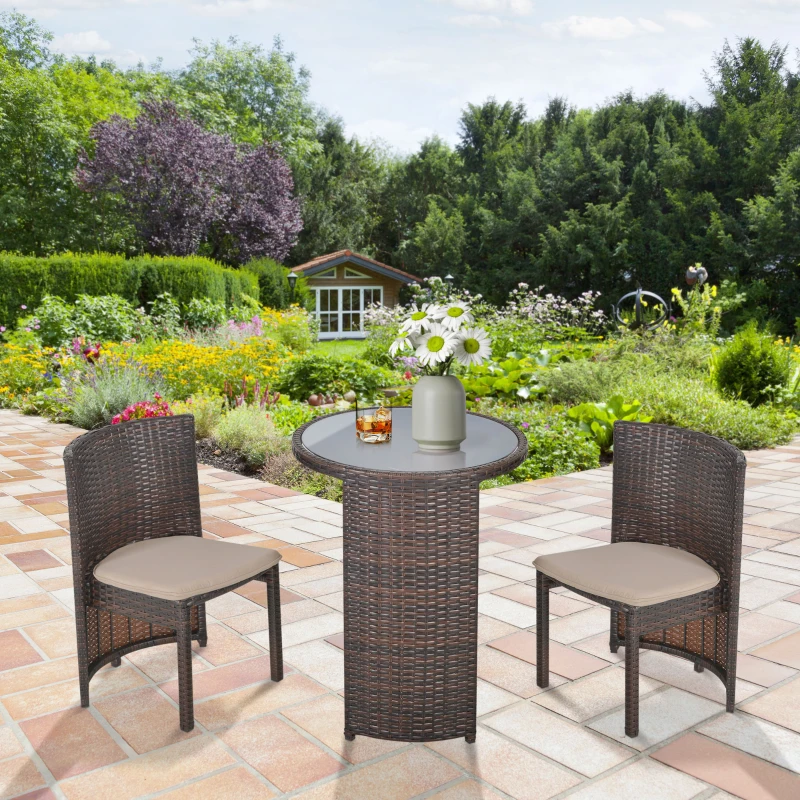 Outsunny Conjunto de Muebles Ratán de Jardín 3 Piezas con 1 Mesa de Café y 2 Sillas con Cojines para Terraza Exterior Fácil Almacenaje Acero Marrón