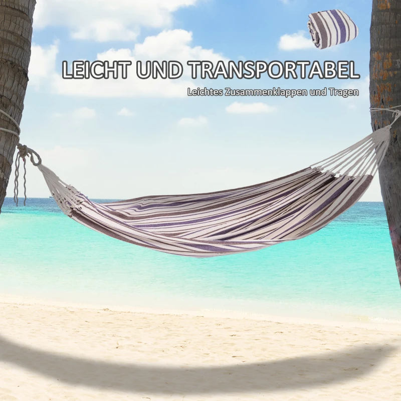 Outsunny Hängematte 310 x 150 cm Outdoor Stabhängematte mit Tragetasche für Reise Camping Belastbarkeit bis 150 kg tragbar atmungsaktiv Baumwolle Weiß+Lila