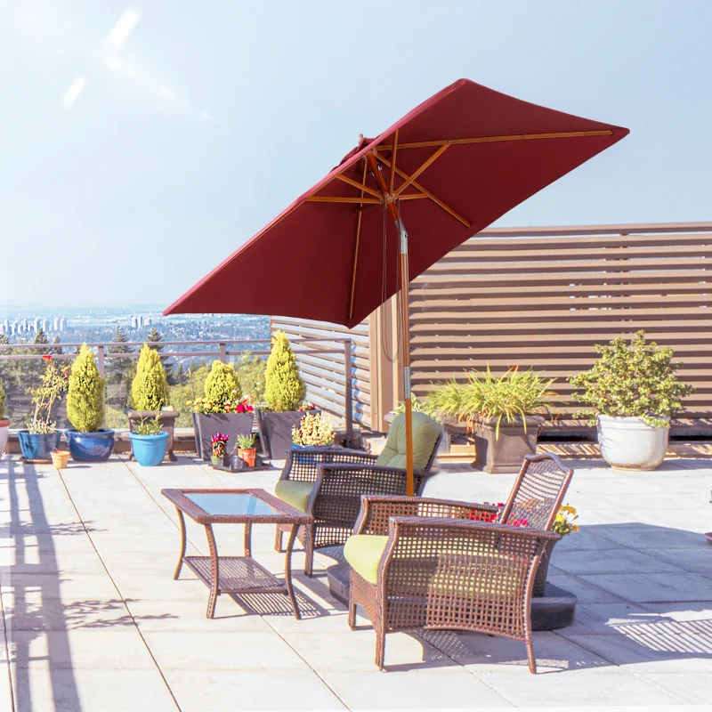 Outsunny parasol, zginany parasol ogrodowy, parasol plażowy, 3-stopniowa regulacja, drewno + poliester, czerwone wino, 200 x 150 x 230 cm