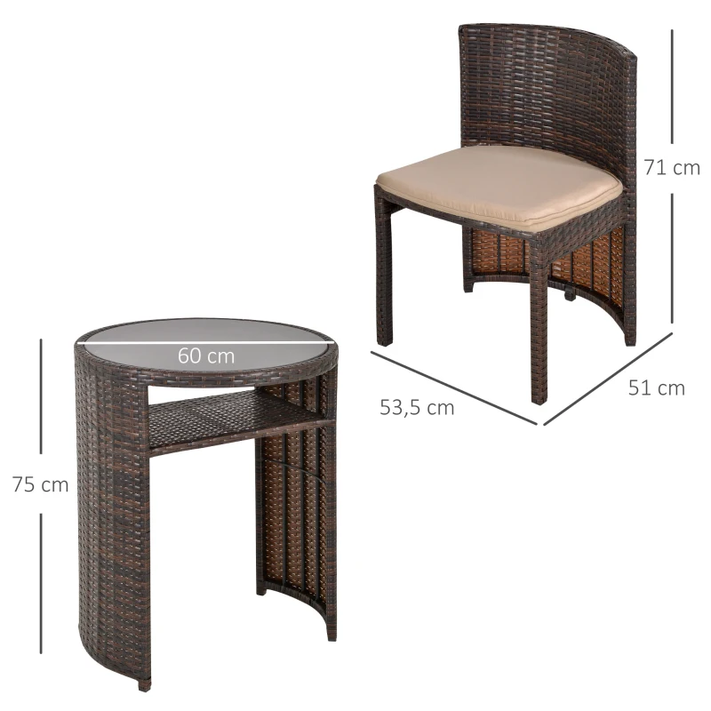 Outsunny Conjunto de Muebles Ratán de Jardín 3 Piezas con 1 Mesa de Café y 2 Sillas con Cojines para Terraza Exterior Fácil Almacenaje Acero Marrón