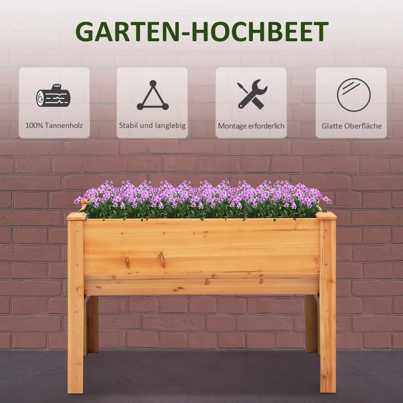 Outsunny Hochbeet aus Holz Kräuterbeet Pflanzkasten mit Abflussloch Haken Blumenkasten mit Füßen Massivholz Natur 120 x 60 x 81 cm