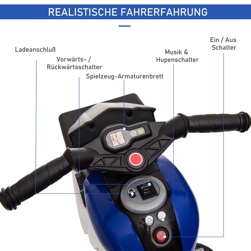 HOMCOM elektrisch voertuig kindervoertuig kindermotorfiets muziek verlichting blauw + wit
