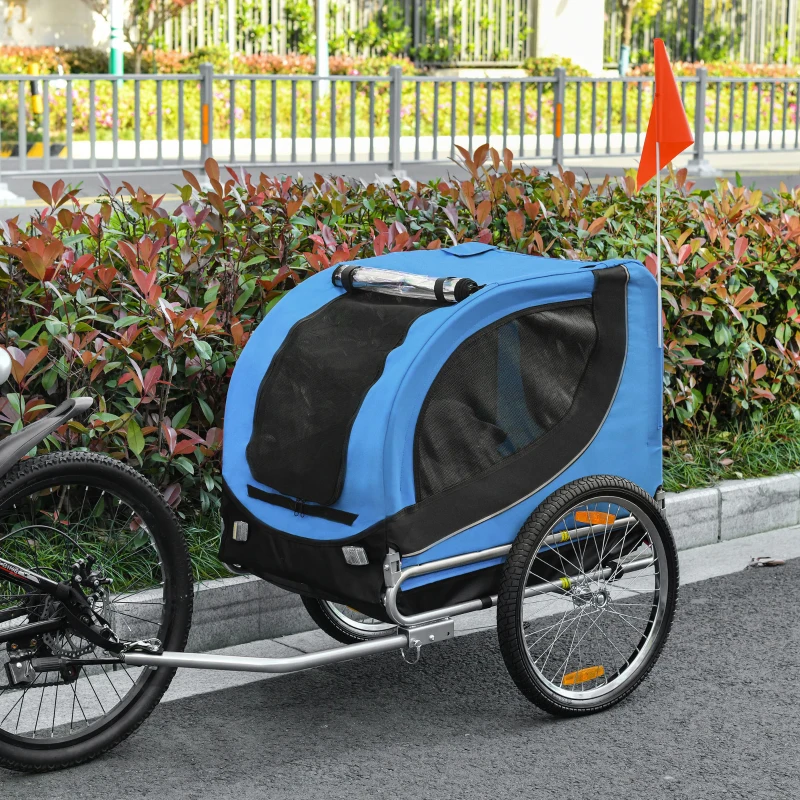 PawHut Hondenkar fietskar honden fiets blauw/zwart opvouwbaar vlag(m-12)