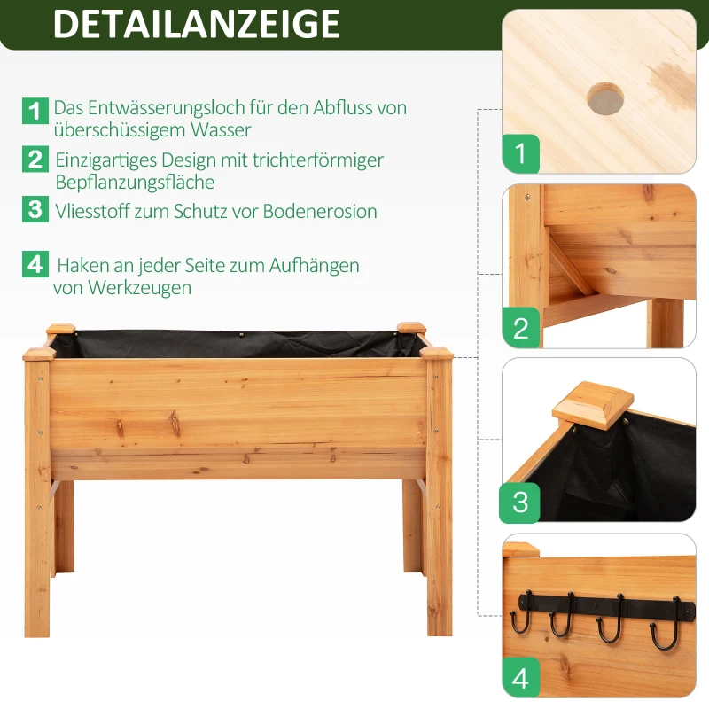 Outsunny Hochbeet aus Holz Kräuterbeet Pflanzkasten mit Abflussloch Haken Blumenkasten mit Füßen Massivholz Natur 120 x 60 x 81 cm